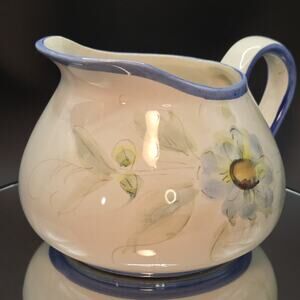 Portugal Pottery Squat Pitcher Hand Painted Floral Vtg Cream Blue Green